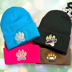 Pride Paw Beanie | Embroidered Pride Flag Cuffed Beanie | LGBTQ+ Winter Hat | Furry Fandom | Alaskan Made