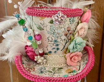Pink Floral Tea Top Hat Fascinator, Party, Derby, Garden, Bridal Shower Hat