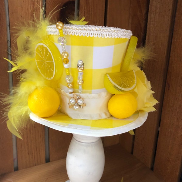 Lemon Yellow & white tea hat, Garden Tea Top Hat Fascinator, Derby Hat, Alice in Wonderland tea hat, vegetable garden hat
