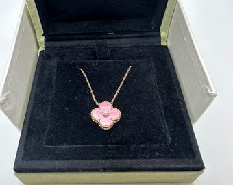 Vintage Clover Pendant 18k Solid Rose Gold Rhodonite with diamond