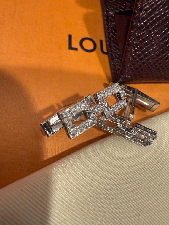14k White Gold Diamond Cufflinks With a Louis Vuitton Leather 