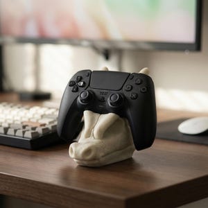 Puede incluir: Un mando de juegos negro descansa sobre un soporte con forma de dragón de color crema. El mando tiene varios botones y joysticks. El soporte está sobre un escritorio de madera, con un teclado y un monitor al fondo.