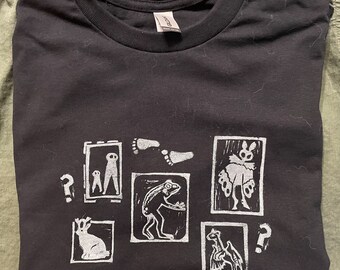 Cryptid Linoprint T-shirt - mothman, loveland frogman, fresno night crawlers, jersey devil, jackalope