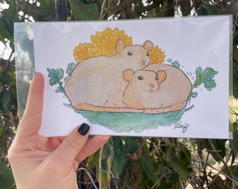 Rat & chrysanthemum watercolor style print