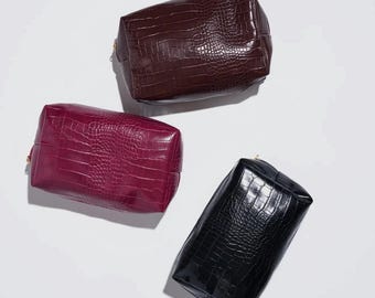 Personalized Croc Embossed Cosmetic Bag | Embroidered Vegan Leather Travel Pouch