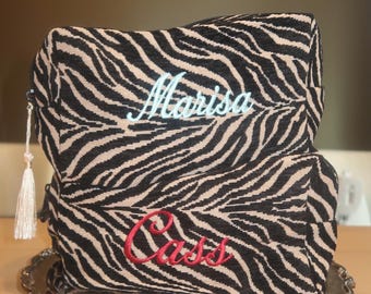 Zebra Print Cosmetic Bag | Personalized Embroidered Travel Pouch