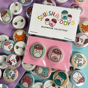 Squishmallows Mushroom inspired. 1" inch pins made by Squishbuddys 2 pack