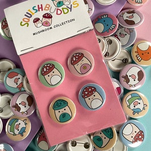 Squishmallows Mushroom inspired. 1" inch pins made by Squishbuddys 4 pack