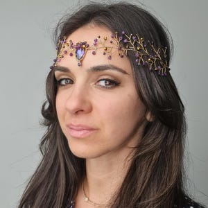 Elfen Amethyst Krone | Fee-Kopfschmuck für die Stirn | Handgefertigte Draht Gewickelt Kupfer Tiara | Cosplay