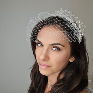 Bridal Veil Crown | Crystal & Pearl Wedding Tiara | Modern Style Veil for Bride | Handmade Hair Accessory