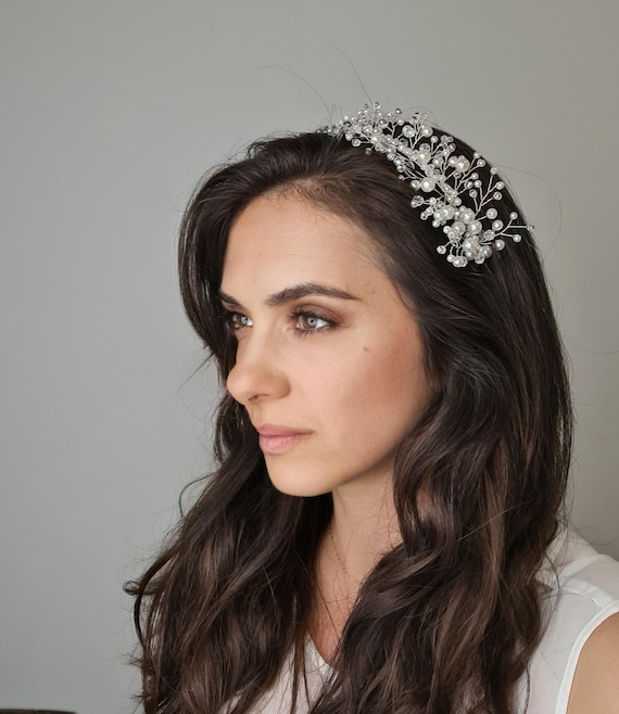 Crystal Pearl Wedding Tiara Bridal Headpiece Hair Accessory Pearl & Crystal Wedding Tiara, Bridal Tiara, Pearl Wedding  main image 3