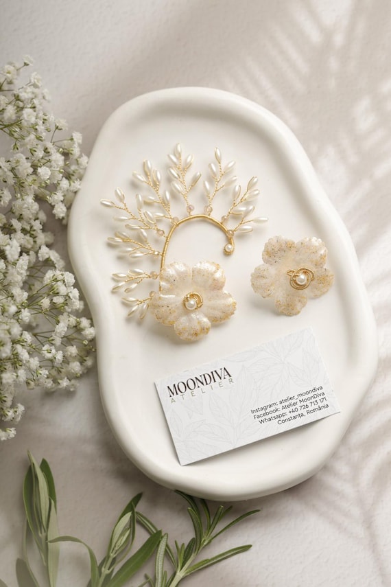 Gold Floral Ear Cuff Fairy Goddess Ear Wrap | Pearl Beaded Leaf Branch Statement Gold Floral Ear Cuff: Bridal Ear Crawler, No Piercing - Etsy main image 4