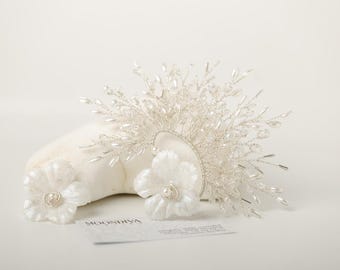 Bridal Ear Cuff: Wedding Statement Earring Flower and Pearl White Silver Earring