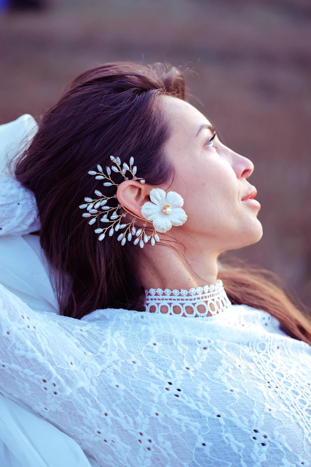 Bridal Ear Cuff: Statement Earring Flower and Pearl Wedding  display picture 1