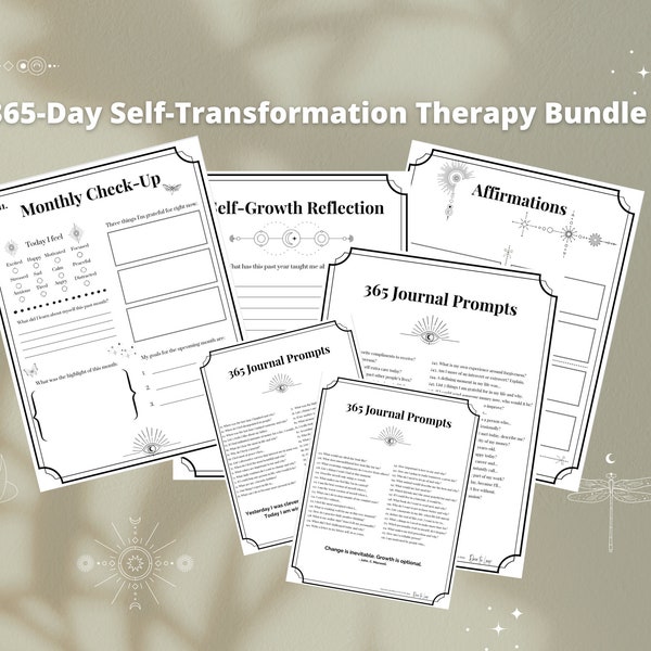 365-Day Therapy Bundle incl. 365 Intense Journaling Prompts, 12 Monthly Reflection Worksheets practicing gratitude, self-growth and healing