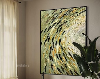 Peinture à l'huile en impasto, peinte à la main, représentant un poisson | Grande œuvre d'art abstraite murale représentant un poisson doré tourbillonnant | Œuvre originale texturée verte pour la décoration du salon