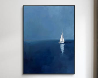Grote minimalistische muurkunst, origineel abstract olieverfschilderij zeilboot, blauwe handgeschilderde muurkunst, moderne zeegezicht muurschildering voor woonkamer