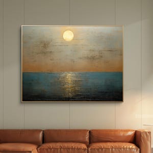 Large Horizontal Sunset Oil Painting | Original Teal Landscape Painting | Blue Seascape Abstract Canvas Wall Art for Living Room Bedroom