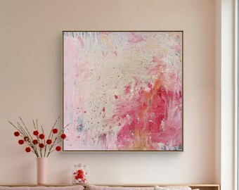 Large Textured Abstract Canvas Wall Art,Pink Original Oil Painting,Boho Framed Canvas Wall Art,Modern Textured Bedroom Large Wall Art Decor