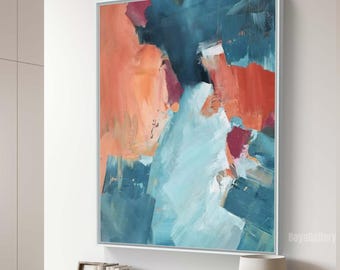 Original Blue Orange Abstract Painitng | Large Minimalist Abstract Canvas Wall Art | Modern Colorful Abstract Oil Painting for Living Room