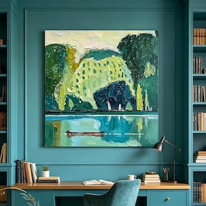 Lienzo impresionista texturizado de gran tamaño en color verde para pared, cuadro cuadrado grande con marco, arte de pared original para
