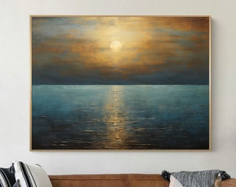 Original Seascape Painting Orange Sunset Wall Art Blue Ocean Abstract Painting Large Sea Painting Sunset Abstract Painting Textured Wall Art