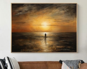 Orange Sunset Abstract Painting Large Ocean Wall Art Orange Abstract Painting Orange Seascape Oil Painting Original Sea Horizon Painting