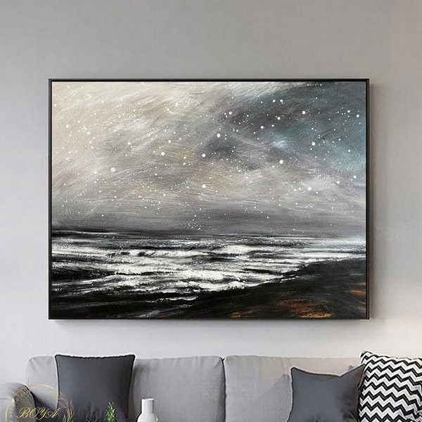 Original Black White Landscape Painting Large Sea Wave Painting Ocean Abstract Oil Painting Starry Sky Painting Seascape Abstract Wall Art