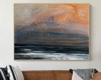 オリジナルの雲の抽象画、オレンジ色の雲の絵、大きな青い空の風景画