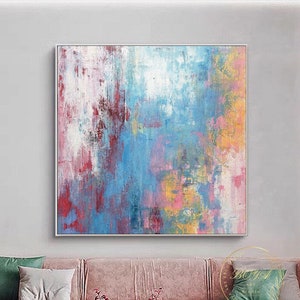 Original Multicolor Wall Art Blue Abstract Painting Pink Canvas Painting Colorful Abstract Painting Yellow Abstract Art Modern Wall Painting
