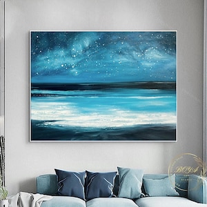 Large Blue Sea Abstract Painting White Wave Oil Painting Original Beach Landscape Painting Abstract Sea Wall Art Blue Sky Canvas Painting