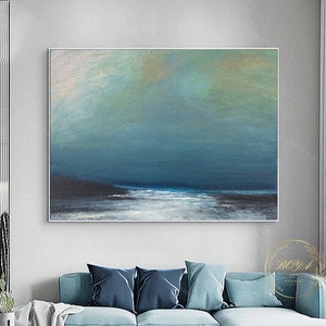 Large Green Sky Abstract Art Original Blue Ocean Painting Blue Seascape Painting Sea Abstract Painting White Waves Painting Ocean Wall Art