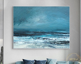 Large Blue Ocean Abstract Painting Original Seascape Oil Painting White Sea Wave Painting Abstract Sea Wall Art Blue Sky Abstract Painting