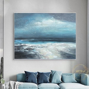 Large Blue Ocean Abstract Painting Original Seascape Oil Painting Blue Sea Painting White Wave Painting Starry Sky Wall Art Blue Texture Art