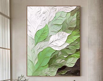 Pintura abstracta de hojas grandes, pintura abstracta verde, arte texturizado verde, arte mural de hojas verdes, arte en lienzo verde, pintura texturizada blanca