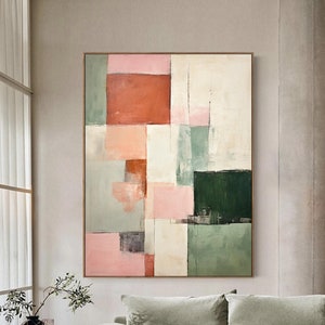 Original Pink Textured Art Green Wall Painting Large Green Abstract Painting Geometric Abstract Art Minimalist Wall Art Beige Oil Painting