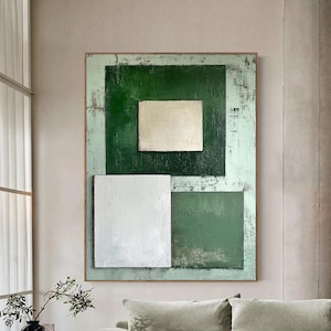 Original Green Abstract Painting Minimalist Green Wall Art White Textured Art Large Beige Painting Geometric Abstract Art Wabi-Sabi Wall Art