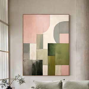 Original Pink Abstract Painting Green Wall Painting Large Beige Oil Painting Green Textured Art Geometric Abstract Art Minimalist Wall Art