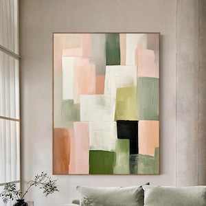 Original Beige Abstract Painting Green Wall Painting Large Pink Oil Painting Green Textured Art Geometric Abstract Art Minimalist Wall Art