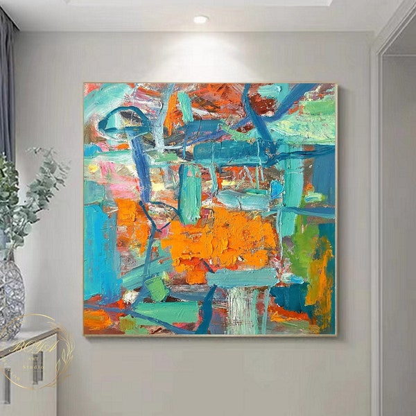 Original Multicolor Painting Blue Abstract Painting Orange Abstract Art Blue Oil Painting Orange Canvas Art Modern Wall Art Ready to Ship