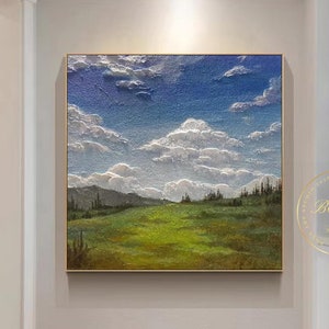 Natural Landscape Painting White Cloud Wall Art Green Meadow Painting Blue Sky Painting Original Cloud Abstract Painting Large Textured Art