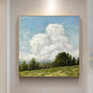Cloudy Sky Painting White Cloud Abstract Painting Large Textured Wall Art Blue Sky Abstract Painting Cloud Wall Art Green Landscape Painting