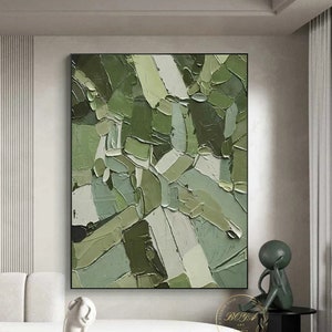 Large Textured Abstract Canvas Wall Art,Green Abstract Oil Painting,Hand Painted Modern Green Canvas Wall Art for Living Room Decor Office