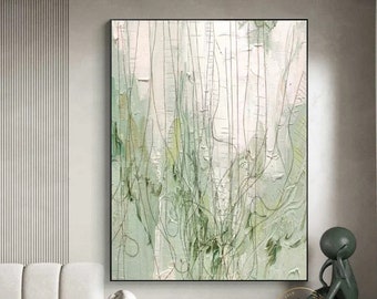 Green Textured Wall Art Large Green Abstract Painting Original Green Painting Beige Canvas Art Painting Leaf Abstract Painting Line Wall Art