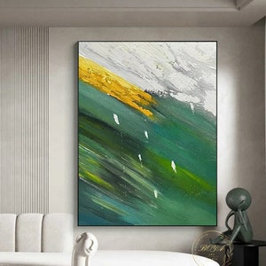 Large Green Wall Art Gold Textured Art Green Abstract Painting Minimalism Wall Painting 3D Texture Painting Green Modern Canvas Painting