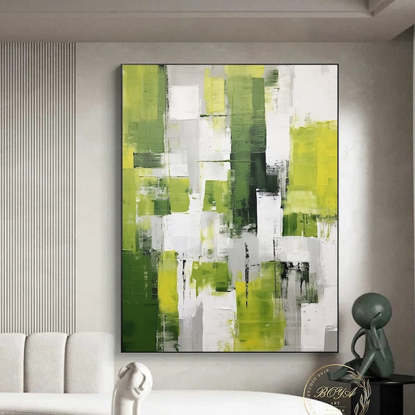 Art mural vert citron original peinture abstraite verte blanc texturé grand art mural vert minimalisme toile art vert peinture moderne