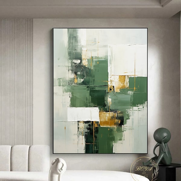 Original Green Abstract Painting Gold Texture Painting Minimalism Green Wall Art Large Green 3D Textured Art Green Modern Canvas Painting