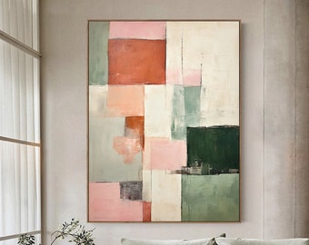 Originale rosa strutturato arte verde muro dipinto grande verde astratto pittura geometrica astratta arte minimalista parete arte beige pittura a olio