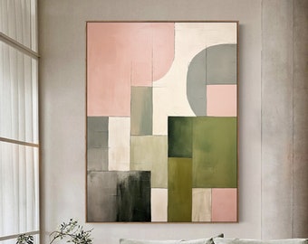 Original Pink Abstract Painting Green Wall Painting Large Beige Oil Painting Green Textured Art Geometric Abstract Art Minimalist Wall Art