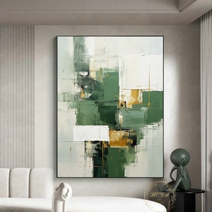 Original Green Abstract Painting Gold Texture Painting Minimalism Green Wall Art Large Green 3D Textured Art Green Modern Canvas Painting
